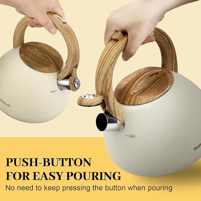 MARSKITOP Tea Kettle, 2.6 Quart Tea Pot for Stove, Food Grade Stainless Steel Whistling Teapot for Stovetop with Anti-Hot Handle, Suitable for All Heat Sources, Cream White