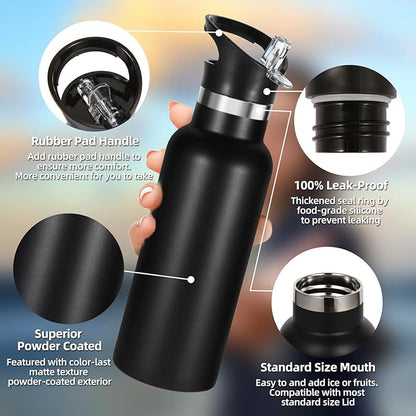 Volhoply 17oz Insulated Water Bottle Bulk 2 Pack,Stainless Steel Kids Water Bottles with Straw Lid,Double Wall Vacuum Metal Cups Water Bottle,Reusable Sports School Flask Keep Cold (Black,2 Set)