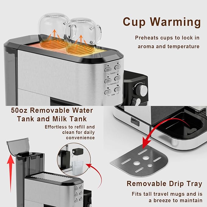 Espresso Machine 20 Bar, Coffee Maker with Automatic Milk Frother, 6-in-1 One-Touch Small/Large Shot, Espresso Maker for Cappuccino/Latte, Compact for Home and Office, Stainless Steel