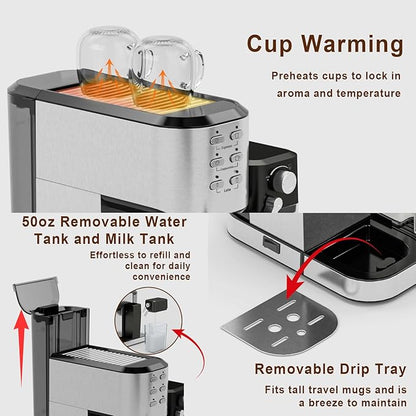 Espresso Machine 20 Bar, Coffee Maker with Automatic Milk Frother, 6-in-1 One-Touch Small/Large Shot, Espresso Maker for Cappuccino/Latte, Compact for Home and Office, Stainless Steel