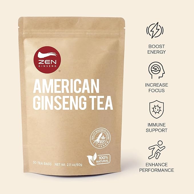 Zen Ginseng Tea 30 ct Triangle Teabags. American Ginseng Tea 花旗参三角茶包 Boosts Body Energy, Immunity and Stamina.