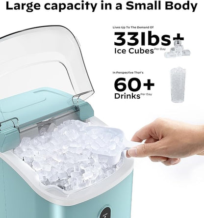 Nugget Ice Maker Countertop, Silonn Chewable Pellet Ice Machine with Self Cleaning Function, Pebble Portable Ice Maker with Ice Scoop for Home Kitchen Office, Green