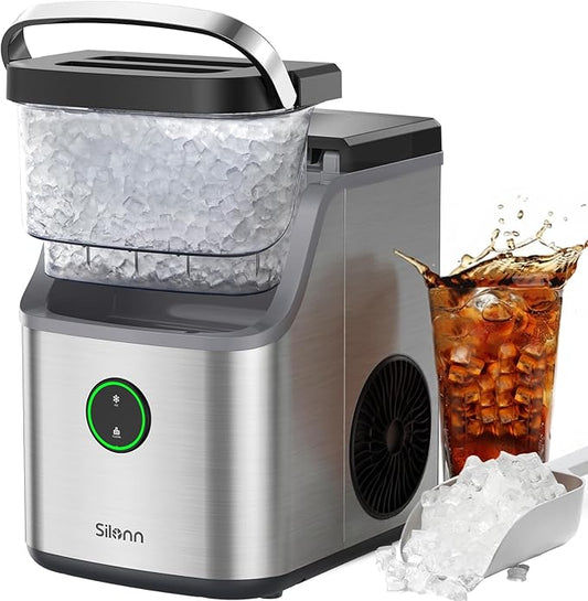 Silonn Nugget Ice Maker Countertop, Ice Basket with Handle, Quiet Operation & Self Cleaning Ice Machine, Chewable Ice, 33 lbs/24H, Portable Pellet Ice Maker with Scoop for Home, Kitchen and Office