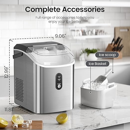 Nugget Ice Maker Countertop with Self-Cleaning Function, Sonic Ice Machine with Handle, Compact Design for Home Use(Stainless Steel Silver)