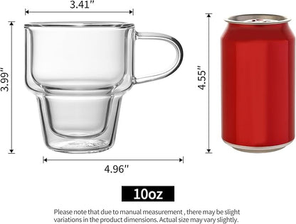NIRA.Z 4 Pack Double Wall Glass Coffee Mugs 10 OZ Insulated Espresso Cups with Handle, Stackable Thermal Glass Coffee Cups, Ideal for Hot & Cold Drinks, Juice, Americano, Latte, Tea Bags, Cappuccinos