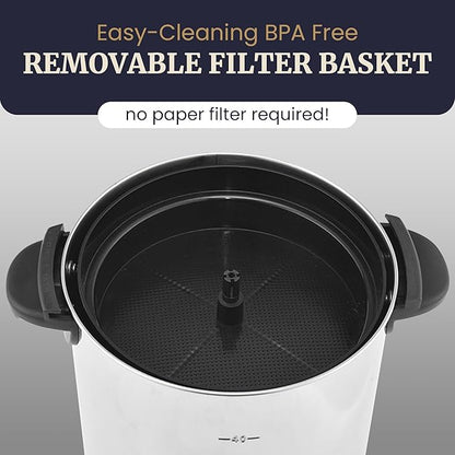 Elite Gourmet CCM040 Stainless Steel 40 Cup Coffee Urn Removable Filter For Easy Cleanup, Two Way Dispenser with Cool-Touch Handles Electric Coffee Maker Urn, Stainless Steel