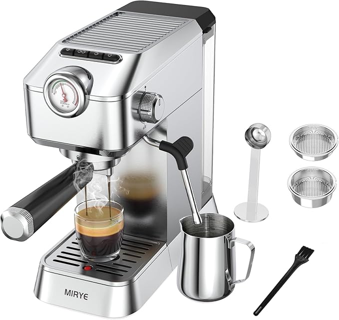 Espresso Machine 20 Bar - Stainless Steel Silver Coffee Maker for Home & Office, Compact with Fast Heating, High-Pressure & Removable Water Tank for Coffee Lovers