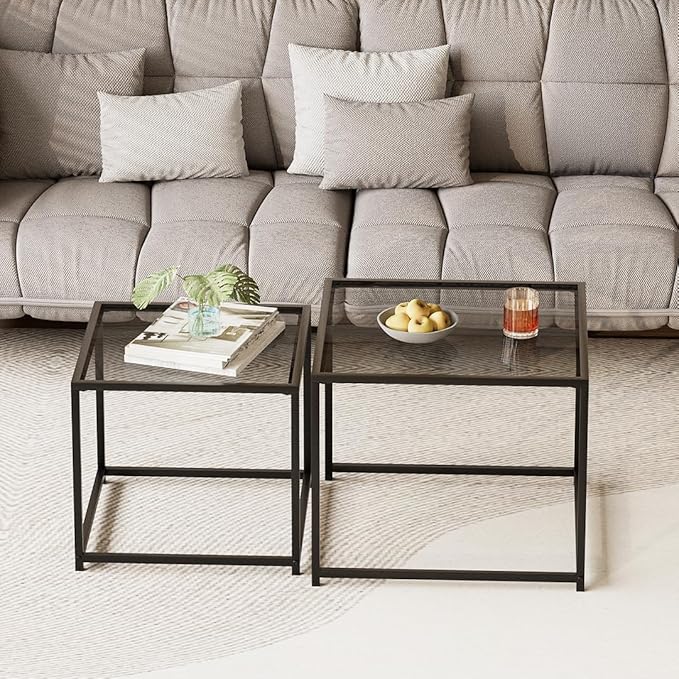 VILAWLENCE Coffee Table Set of 2, Modern Grey Glass Side Table, Metal Frame Square End Table, Center Tables, Nesting Coffee Table for Living Room, Bedroom and Small Spaces, 23.6in