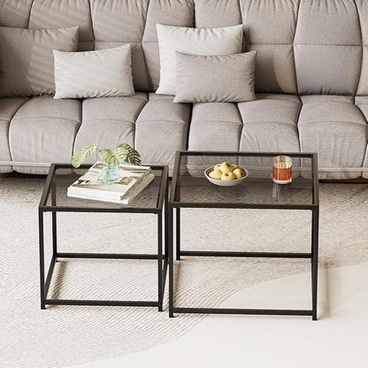 VILAWLENCE Coffee Table Set of 2, Modern Grey Glass Side Table, Metal Frame Square End Table, Center Tables, Nesting Coffee Table for Living Room, Bedroom and Small Spaces, 23.6in