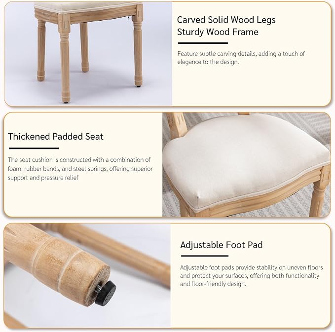 French Country Dining Chairs Set of 4, Vintage Wooden Dining Chairs with Fabric Upholstered Seat&Rattan Oval Backrest,Solid Wood Legs&Frame, Farmhouse Kitchen&Living Room Chairs(Beige,4 Pcs)