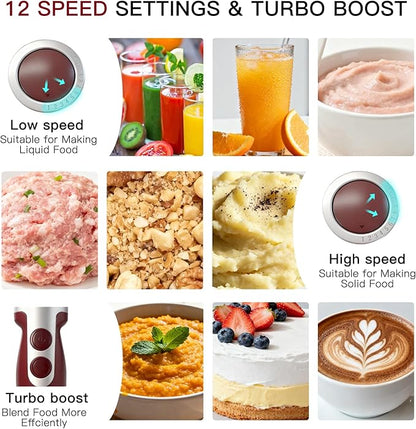 3- in-1 Immersion Hand blender, Powerful MOTOR & Stainless Steel Stick Blender, 4 Sharp Blades with Whisk, Milk Frother Attachments