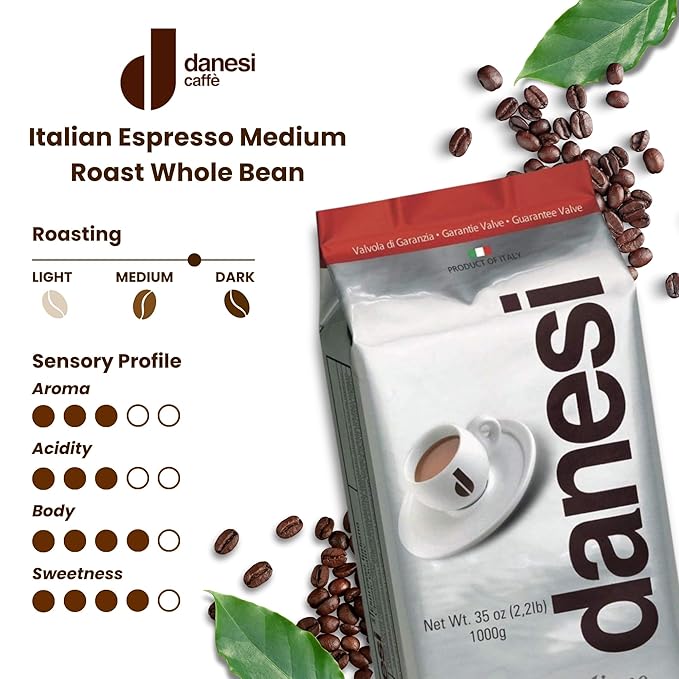 Danesi Caffe Italian Whole Coffee Beans - Espresso Coffee Beans and Medium Roast Whole Bean - Perfect for Espresso Machines, French Press, and Home Brewing - Classic (2.2 lb)