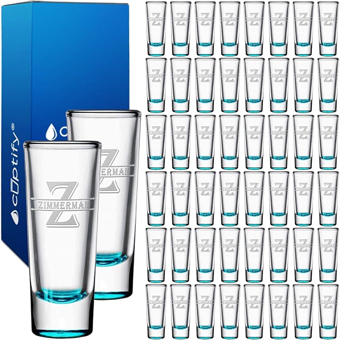 Personalized Shot Glasses Set of 50 Teal Bottom Custom 2 oz Cordial Shot Glass Initial and Name for Gifts, Weddings, Birthdays, Party, Event, Decorations