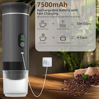 Portable Coffee Maker for Travel & Camping, Portable Espresso Maker for Travel, Rechargeable Cordless Battery Operated Coffee Makers for Ground Coffee, NS Capsule RV, Hiking, Office(Grey)