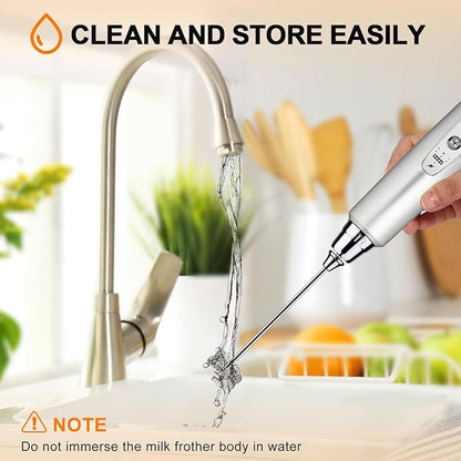 YUSWKO Silver Rechargeable Milk Frother for Coffee with Stand, Handheld Drink Mixer with 3 Heads 3 Speeds Electric Stirrers for Latte, Cappuccino, Hot Chocolate, Egg