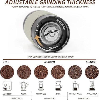 Manual Coffee Grinder - HEIHOX Hand with Adjustable Conical Stainless Steel Burr Mill, Capacity 30g Portable Mill Faster Grinding Efficiency Espresso to Coarse for Office, Home, Camping