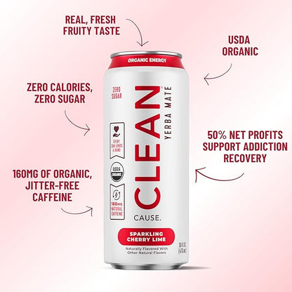 CLEAN Cause Zero Sugar Cherry Lime Yerba Mate Tea Sparkling, USDA Organic Energy Drink Alternative, Zero Calorie, 160mg Natural Caffeine, Soda Alternative, Plant-Based (16oz cans, 12-Pack Case)