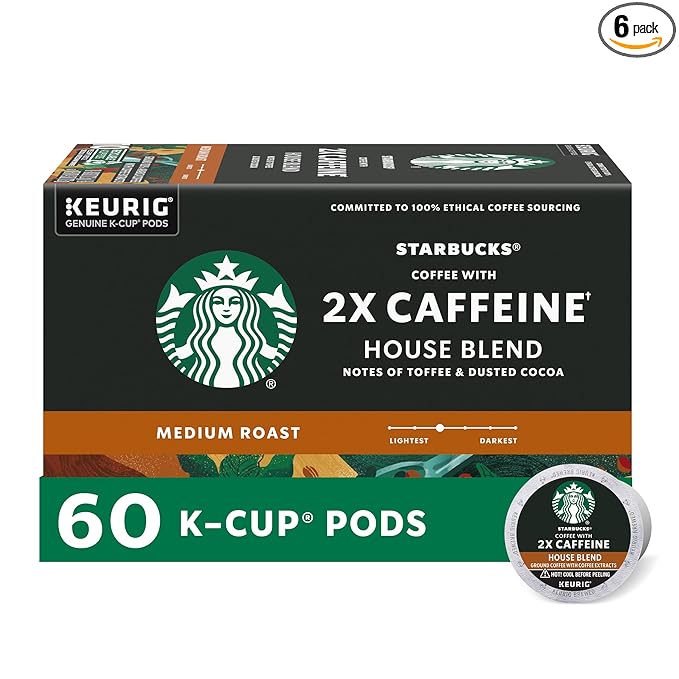 Starbucks K-Cup Coffee Pods, Medium Roast Coffee With 2X Caffeine House Blend For Keurig Coffee Makers, 100% Arabica, 6 Boxes (60 Pods Total)