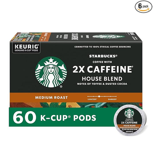 Starbucks K-Cup Coffee Pods, Medium Roast Coffee With 2X Caffeine House Blend For Keurig Coffee Makers, 100% Arabica, 6 Boxes (60 Pods Total)