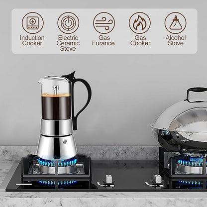 4 Cup Glass Transparent Moka Pot Stainless Steel Uncoated Stovetop Espresso Maker Italian Coffee Makers Mocha Greca Machine Cafe Classic Induction Cookers for Home Camping 220ml