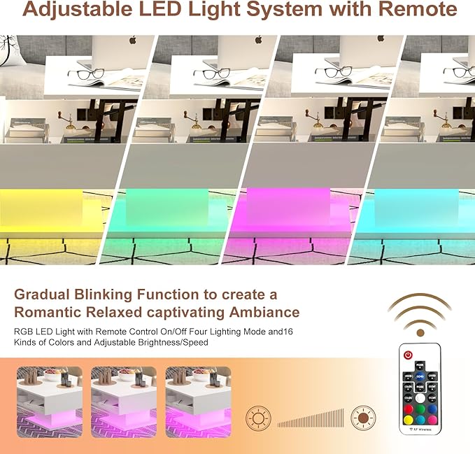 White 30.7" Lift Top Coffee Table with Storage, Square Led Coffee Table with Large Hidden Storage, Wood Living Room Table Led Center Table for Dining Reception Room
