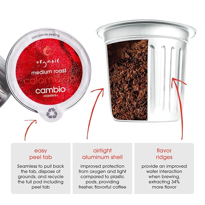 Cambio Roasters Colombian Organic Coffee K Cups for Keurig, Medium Roast Coffee K-Cup, Only Aluminum Keurig K Cups with Organic Beans, More Flavor & Longer Lasting Freshness, Medium Roast, 10 count