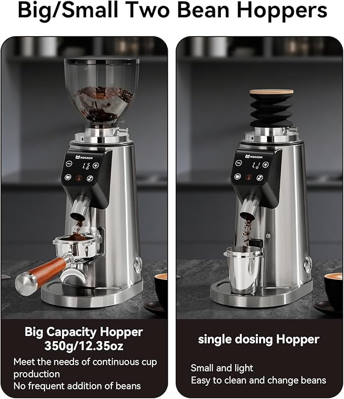 MOKKOM Professional 64mm Flat Burr Coffee Grinder with 100 Grind Settings, All-Metal Stainless Steel Body, Coffee Bean Grinder with Adjustable Electronic Timer, Anti-Static, LED Display