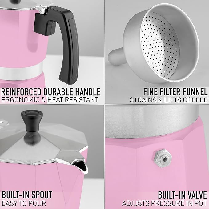 Zulay Moka Pot Espresso Stovetop Coffee Maker - Leak-Proof, Stainless Steel, Easy to Clean, Heat Resistant Handle & Knob - for Authentic Cuban & Italian Style Espresso - Makes 6 Espresso Cups - Pink