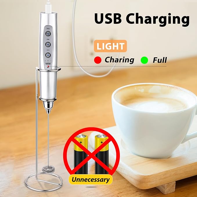 Milk Frother with Stand Rechargeable-Handheld Frother Wand with 3 Stainless Whisks 3 Speed Adjustable, Electric Whisk Drink Mixer, Foam Maker Blender for Matcha Latte Cappuccino Chocolate