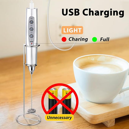 Milk Frother with Stand Rechargeable-Handheld Frother Wand with 3 Stainless Whisks 3 Speed Adjustable, Electric Whisk Drink Mixer, Foam Maker Blender for Matcha Latte Cappuccino Chocolate