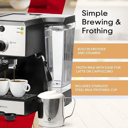 EspressoWorks All-In-One Espresso Machine with 7-Piece Set - Latte Maker Includes Grinder, Cups, Spoon and Tamper - Coffee Gifts (Stainless Steel)