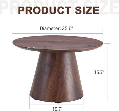 25.6" Small Round Coffee Table, Wood Mid Century Modern Coffee Tables with Pedestal Base, Space Saving Circle Center Table for Living Room, Small Space, Apartment (Walnut)
