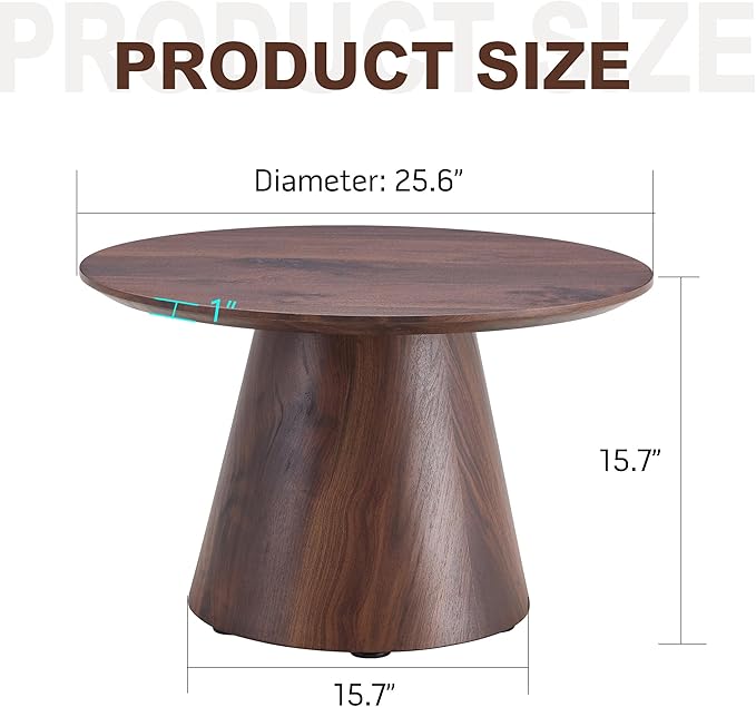 Walnut Coffee Table, 25.6" Small Coffee Table, Natural Wood Grain Round Tabletop with Wooden Cone Base, Round Living Room Table with Adjustable Feet, Mid Century Center Table for Apartment,Small Space