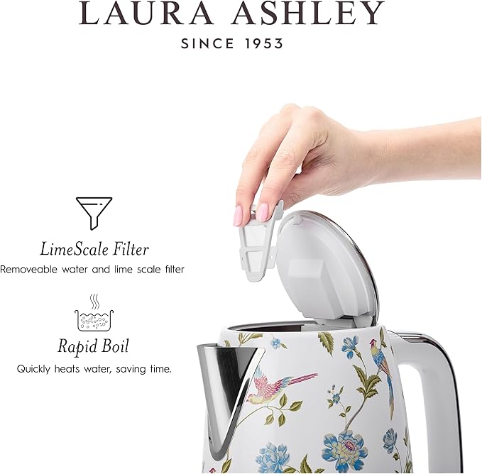 Laura Ashley Stainless Steel Electric Kettle 1.7 Liter - 1500W Rapid Boil Electric Kettles for Boiling Water - Electric Tea Kettles Automatic Shut Off - Overheat & Boil Dry Protection Jug Kettle