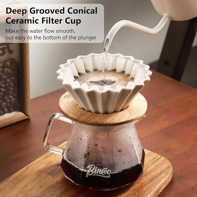 Bincoo 400ML Pour Over Coffee Maker Set with Filter Paper,Ceramic Coffee Dripper with Wood Stand Set for 1-2 Cups-Professional Brewing Tools for Pour Over & Drip for Home Office (Black)