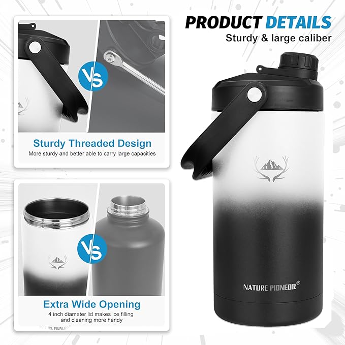 NATURE PIONEOR Insulated Water Bottles with Strap - 64 oz Stainless Steel Vacuum Wide Mouth Bottle with Holder/Carrier/Sleeve - 18/8 Food Grade 64oz Half Gallon Water Jug