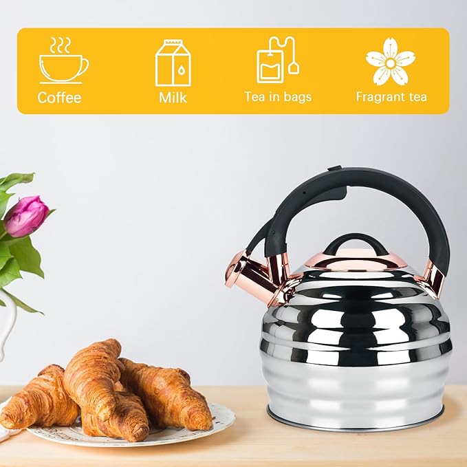 Tea Kettle for Stove Top Whistling Teapot, 3.2Q Tea Pot Stainless Steel Teakettle with Heat Proof Ergonomic Handle