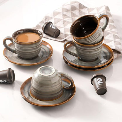 Ceramic Espresso Cups with Saucers 5 Oz,Set of 4 Porcelain Demitasse Cups Set,Small Coffee Cups with Handle for Coffee,Tea,Latte and Macchiato,Cappuccino Mugs for Kitchen and Cafe,Brown