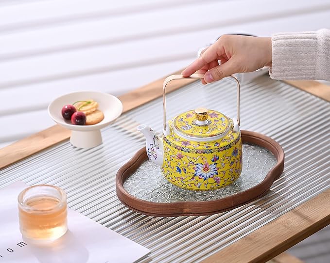 Antique Ceramic Teapot Coffee Pot with Infuser, 400ml (1-2 cups) Small Porcelain Tea Pots for Loose Leaf Tea, with Removable Stainless Steel Strainer and Lid for Gift (Yellow(Handle))