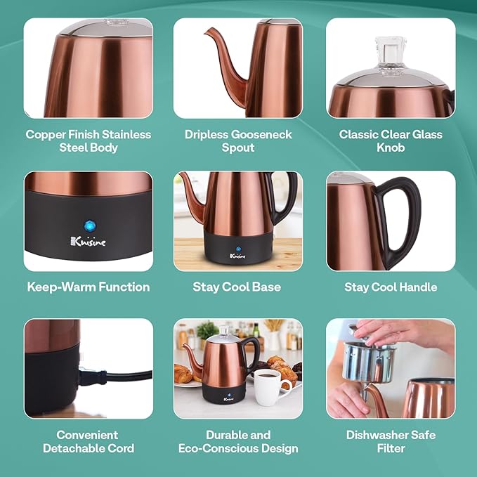 Euro Cuisine PER04 Stainless Steel Electric Coffee Percolator, 4 Cup, Polished Copper Finish, Dripless Gooseneck Spout, Clear Glass Knob, Brewing Indication, Keep-Warm Function, Detachable Cord