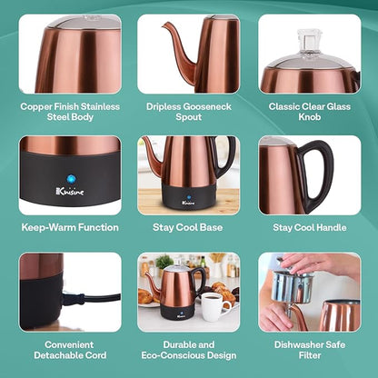 Euro Cuisine PER04 Stainless Steel Electric Coffee Percolator, 4 Cup, Polished Copper Finish, Dripless Gooseneck Spout, Clear Glass Knob, Brewing Indication, Keep-Warm Function, Detachable Cord