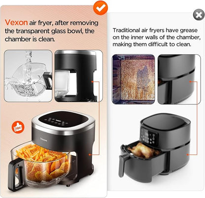 Vexon 6-IN-1 Glass Air Fryer,4.5QT Air Fryer with Viewing Glass Pot, Air Fry, Roast, Reheat, Dehydrate, Air Crisp Technology,Nonstick & Dishwasher Safe Basket,97% Less Oil,Features Digital Timer