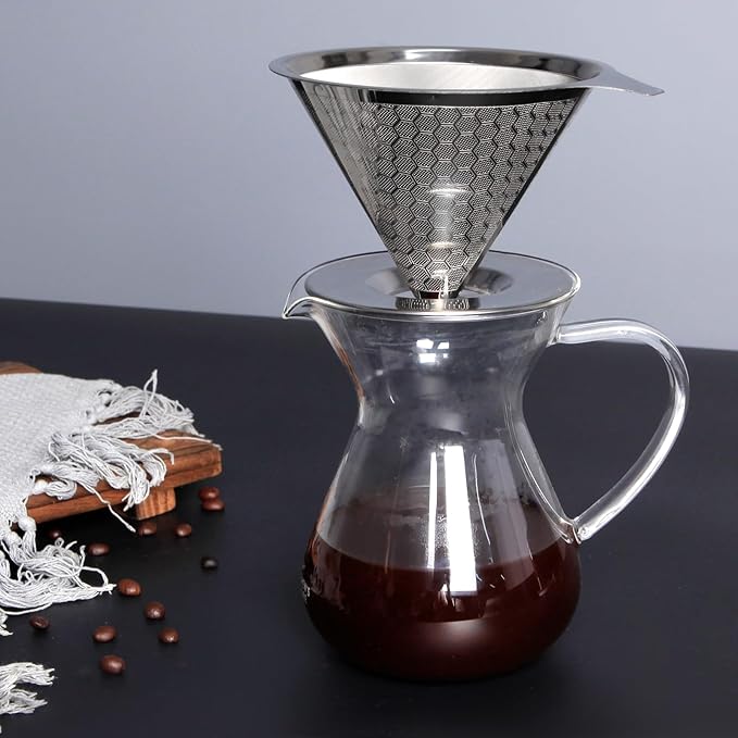 Pour Over Coffee Maker 1-4 Cup, V60 Pour Over, 18/10 Stainless Steel Laser Coffee Dripper, Fine Mesh Double Layer Metal Cone Filter, Colador De Cafe