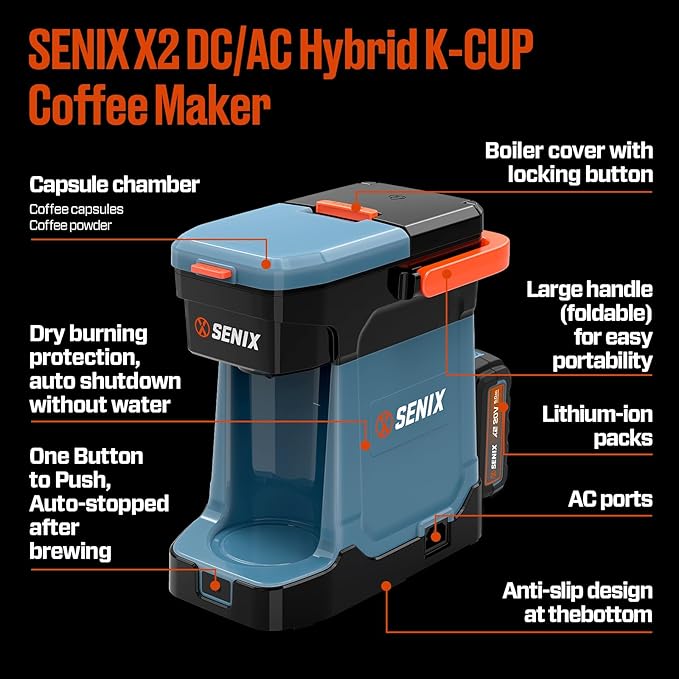 SENIX Coffee Maker, Portable Coffee Machine, 2-in-1 20V 5.0 Ah Battery, Charger & Power Cord, Compatible with K-Cups, Ground, Pods, 8oz Brew Size - for Travel, Camping, Job Site, RV, Home (CMX2-M4)