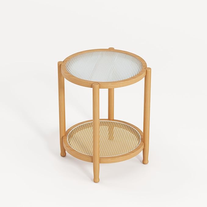 Rattan Round Side Table, 24" Boho Rustic Circle End Table Sofa Table with Storage and Solid Wood Farmhouse Frame for Living Room, Balcony, Bedroom (Natural, 23.6" D x 23.6" W x 19.7" H)