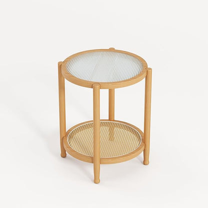 Rattan Round Side Table, 24" Boho Rustic Circle End Table Sofa Table with Storage and Solid Wood Farmhouse Frame for Living Room, Balcony, Bedroom (Natural, 23.6" D x 23.6" W x 19.7" H)