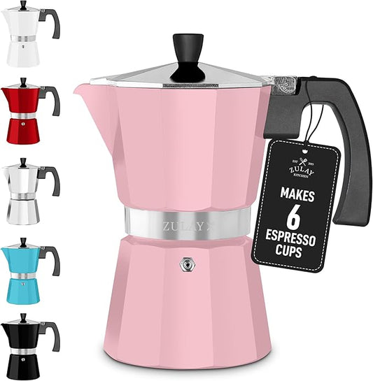 Zulay Moka Pot Espresso Stovetop Coffee Maker - Leak-Proof, Stainless Steel, Easy to Clean, Heat Resistant Handle & Knob - for Authentic Cuban & Italian Style Espresso - Makes 6 Espresso Cups - Pink