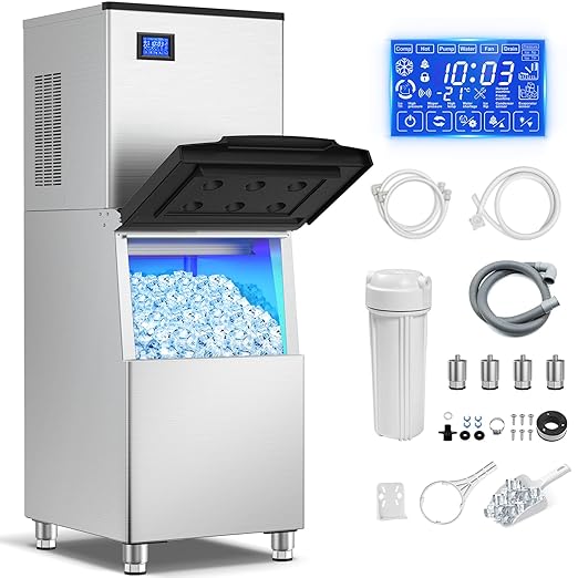 Ice Maker Commercial Ice Machine Large Capacity Stainless Steel 450 Lbs/24H Industrial Ice Machine, 350 Lbs Storage Commercial Ice Machines Free Standing, Cubes Ice Makers Commercial
