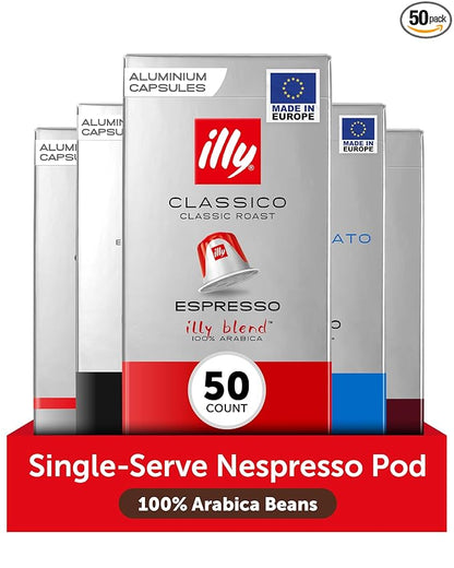 illy Aluminum Espresso Capsules - Compatible with Nespresso Machines - Classico, Forte, Intenso, Decaf, Classico Lungo Roasts - Variety - 10 Count (Pack of 5)
