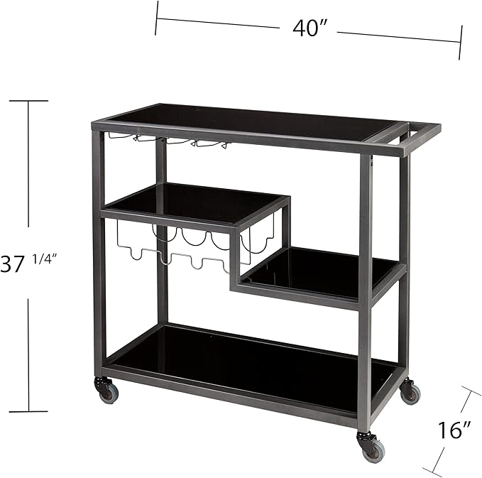 SEI Furniture Zephs Metal and Tempered Glass Locking Castor Wheels Bar Cart, 40 W x 16 D x 37.25 H, Gunmetal, Black